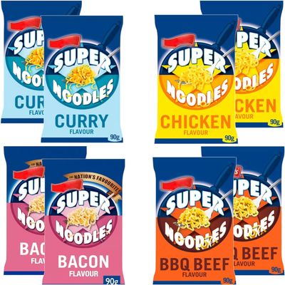 Instant Super Noodles Variety Pack - 8 x 90g, 2 Beef, 2 Chicken, 2 Curry, 2 Bacon - Quick & Tasty Noodle Selection for Meals on the Go