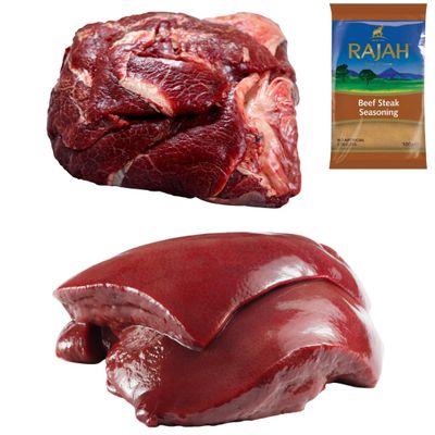 Halal Cow Cheek 1kg and Beef Liver 1kg with Rajah Beef Seasoning 100g Fresh Halal Offal Pack Traditional Cuts for Curries, Stews and Home Cooking