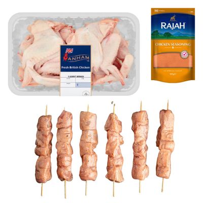 Halal Chicken 3 Joint 1kg and Shish 1kg with Rajah Seasoning 100g Fresh Halal Grilling Pack Tender Chicken Pieces and Skewers for BBQ and Home Cooking
