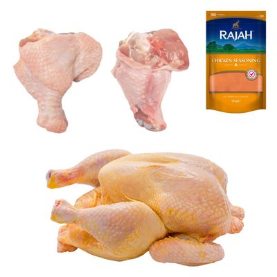 Halal Corn Fed Chicken ~1.5kg and Niblet 1kg with Rajah Seasoning 100g Fresh Halal Specialty Pack Premium Corn Fed Chicken and Niblets for Roasting and Grilling