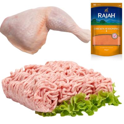 Halal Chicken Leg 1kg and Mince 1kg with Rajah Seasoning 100g Fresh Halal Meat Pack Perfect for Curries, Kebabs, Grilling and Home Cooking