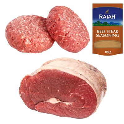 Halal Beef Brisket and Burger 1kg with Rajah Beef Seasoning Fresh Halal Meat Pack Tender Brisket and Juicy Burger Mix for BBQ, Grilling and Roasting