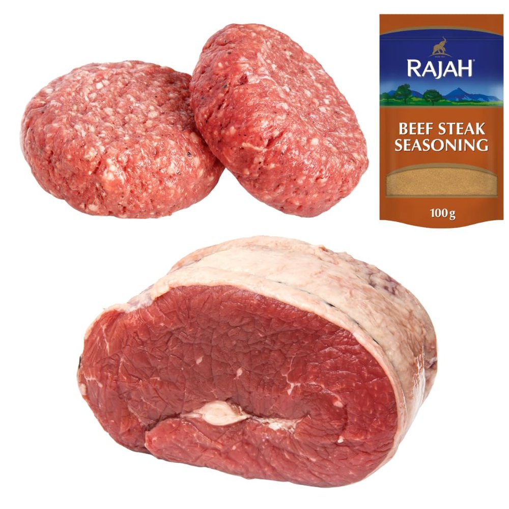 Halal Beef Brisket and Burger 1kg with Rajah Beef Seasoning Fresh Halal Meat Pack Tender Brisket and Juicy Burger Mix for BBQ, Grilling and Roasting