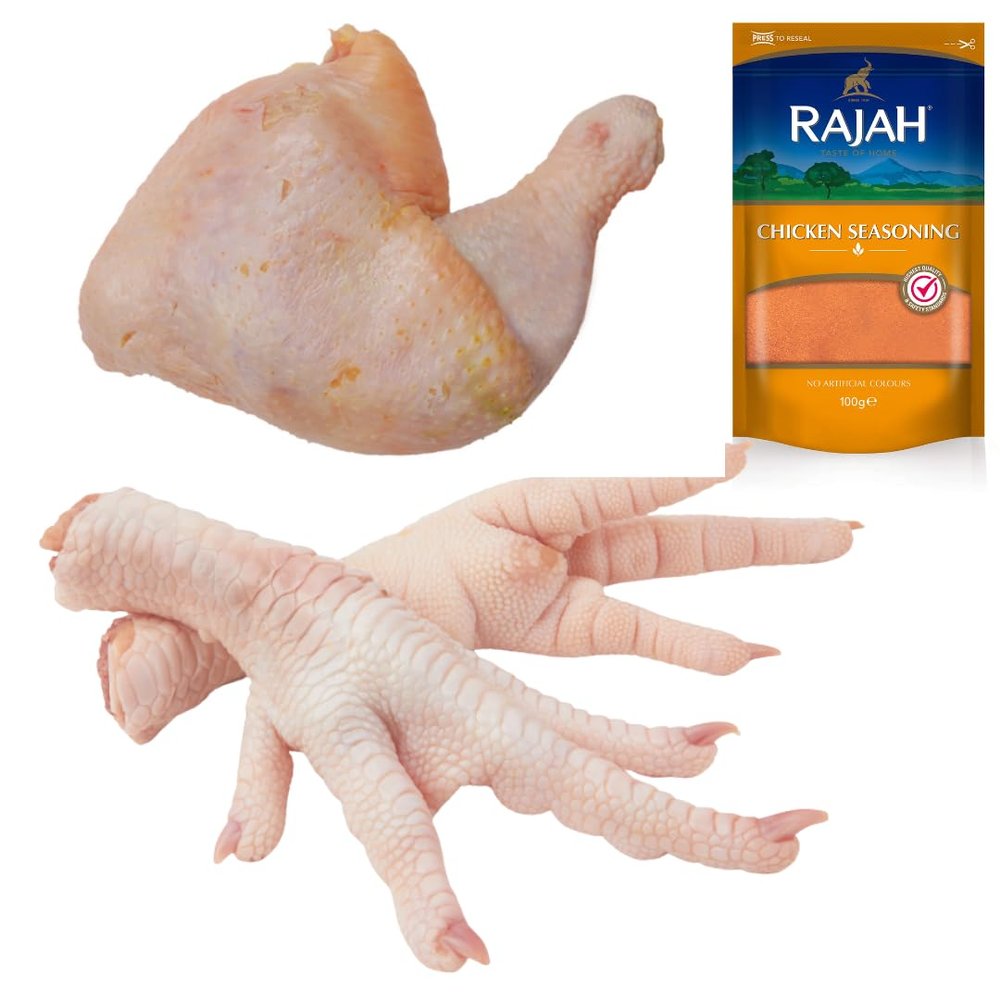 Halal Chicken Feet 1kg and Hard Hen ~1.5kg with Rajah Seasoning 100g Fresh Halal Traditional Pack Authentic Chicken Cuts for Soups, Stews and Home Recipes