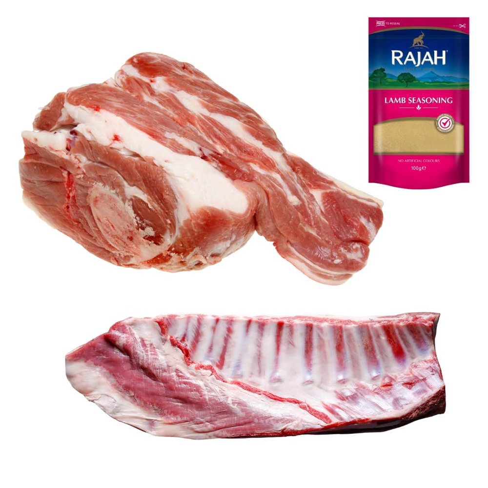 Halal Lamb Breast (Ribs) 1kg and Shoulder 1kg with Rajah Seasoning 100g Fresh Halal Meat Pack Tender Cuts for Roasting, BBQ and Slow Cooking