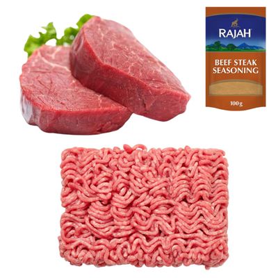 Halal Fillet Steak & Beef Mince 1kg with Rajah Seasoning Premium Tender Fillet & Fresh 100% Beef Mince | Butchers Quality Halal Meat for Grilling, Cooking & Everyday Meals