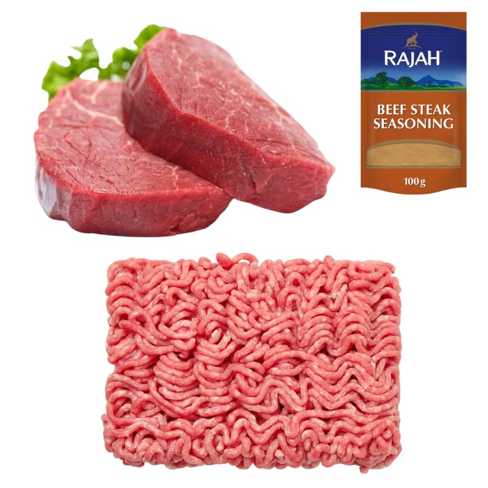 Halal Fillet Steak & Beef Mince 1kg with Rajah Seasoning Premium Tender Fillet & Fresh 100% Beef Mince | Butchers Quality Halal Meat for Grilling, Cooking & Everyday Meals