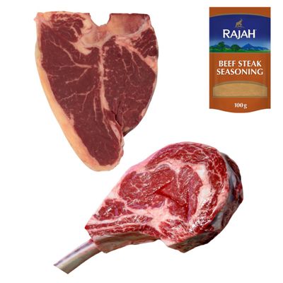 Halal Premium Grilling Bundle | 1kg T-Bone Steak + 1kg Tomahawk Steak with Rajah Seasoning | Premium Halal Beef Pack for BBQ, Grilling & Roasting