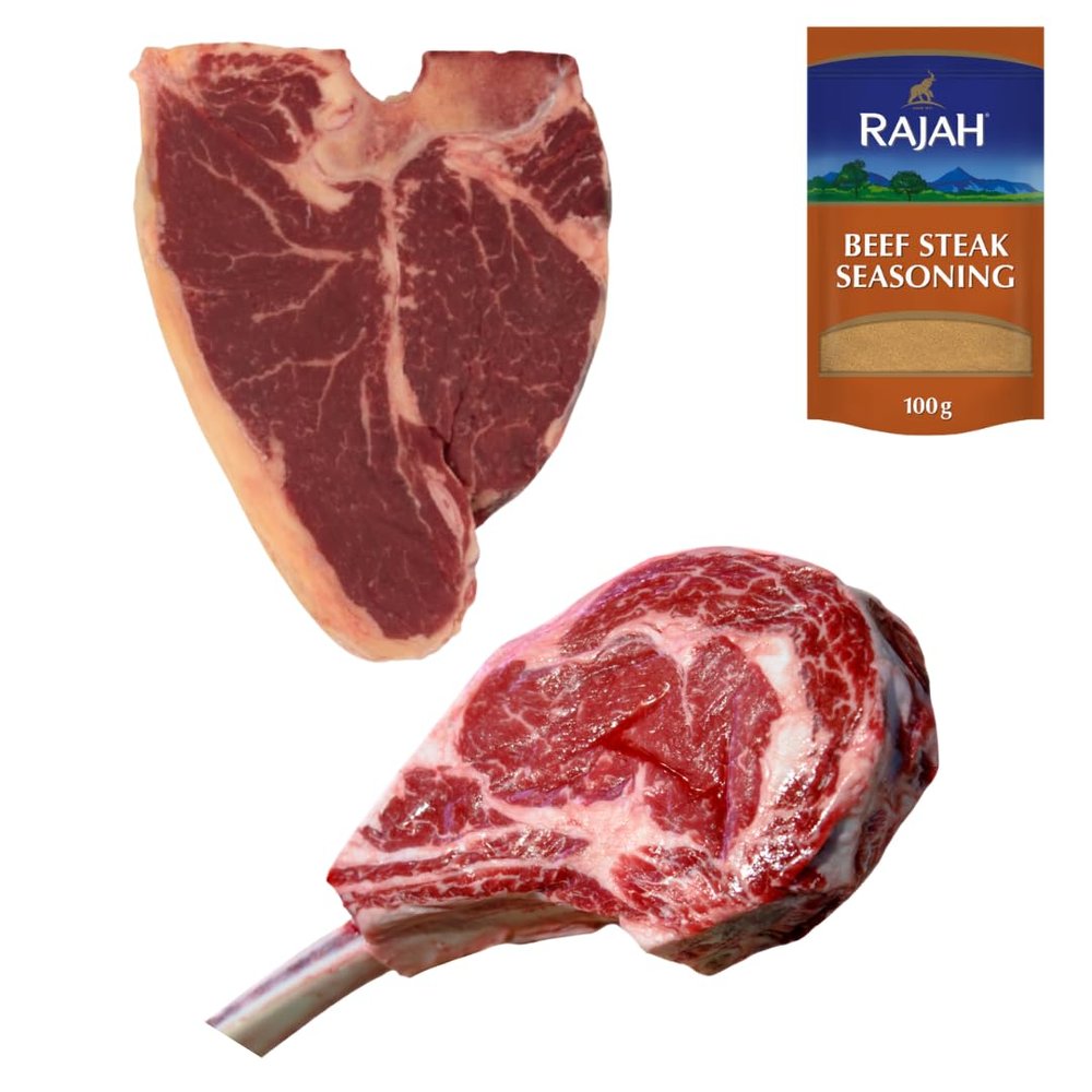 Halal Premium Grilling Bundle | 1kg T-Bone Steak + 1kg Tomahawk Steak with Rajah Seasoning | Premium Halal Beef Pack for BBQ, Grilling & Roasting