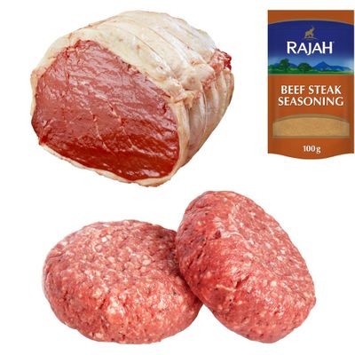 Beef Topside & Beef Burger 1kg with Rajah Seasoning | Halal Premium Combo for BBQ, Grilling & Everyday Cooking | Juicy, Tender & Flavor-Rich Pack