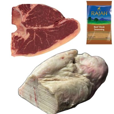 Beef T-Bone & Beef Cod Fat 1kg with Rajah Seasoning | Halal Premium Pack for BBQ & Grilling | Juicy T-Bone Steak with Flavorful Cod Fat & Rajah Spice Blend