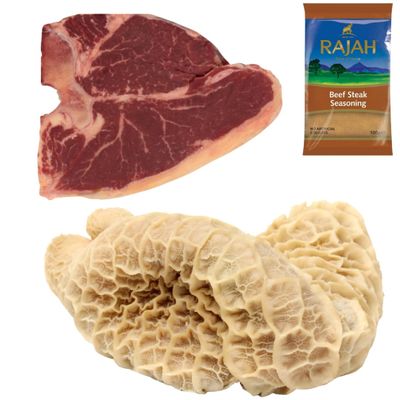 Beef T-Bone & Beef Tripe 1 kg with Rajah Seasoning | Halal Traditional Combo for Stews, Curries & BBQ | Premium High-Protein Pack