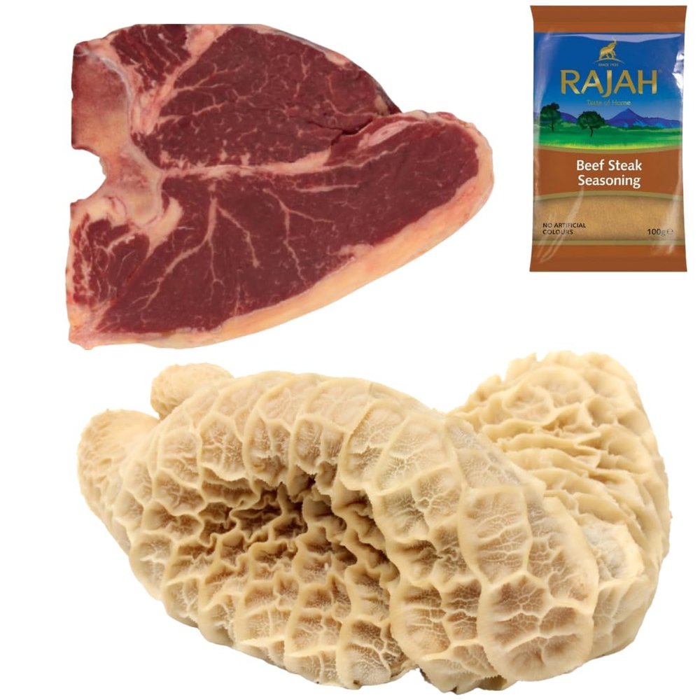 Beef T-Bone & Beef Tripe 1 kg with Rajah Seasoning | Halal Traditional Combo for Stews, Curries & BBQ | Premium High-Protein Pack