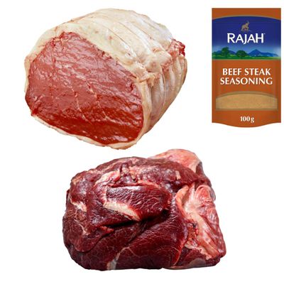 Beef Topside & Cow Cheek 1kg with Rajah Seasoning | Halal Premium Beef Combo for Slow Cooking, Curries & BBQ | Tender, Juicy & Flavorful Traditional Pack