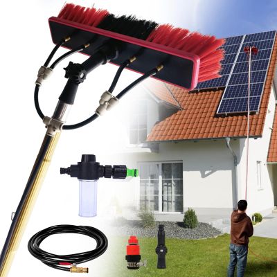 14.1m Window Cleaning Pole Kit Conservatory Roof & Solar Panel Cleaner with Soap Dispenser 20m Water Hose Lightweight Aluminium 55cm Brush for Effortless Cleaning