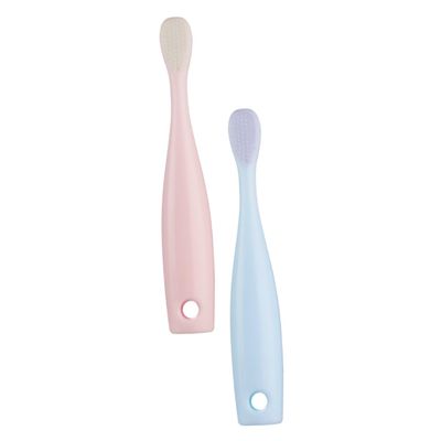 IWOWHERO 2pcs Toothbrushes with Ultra Soft Bristles for Oral Care Dual Purpose Tongue Cleaner and Dental Trainer Slender Handle for Little Hands Travel Friendly Red and Blue
