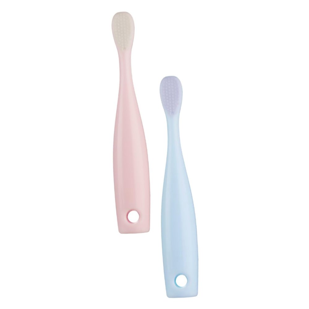 IWOWHERO 2pcs Toothbrushes with Ultra Soft Bristles for Oral Care Dual Purpose Tongue Cleaner and Dental Trainer Slender Handle for Little Hands Travel Friendly Red and Blue