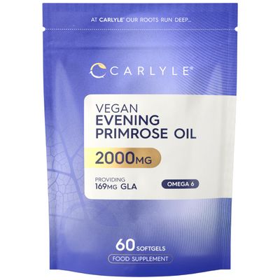 Vegan Evening Primrose Oil 2000mg with Vitamin B6 & E | Providing High Strength 180mg GLA (Omega-6) | 60 Vegan Softgels | by Carlyle