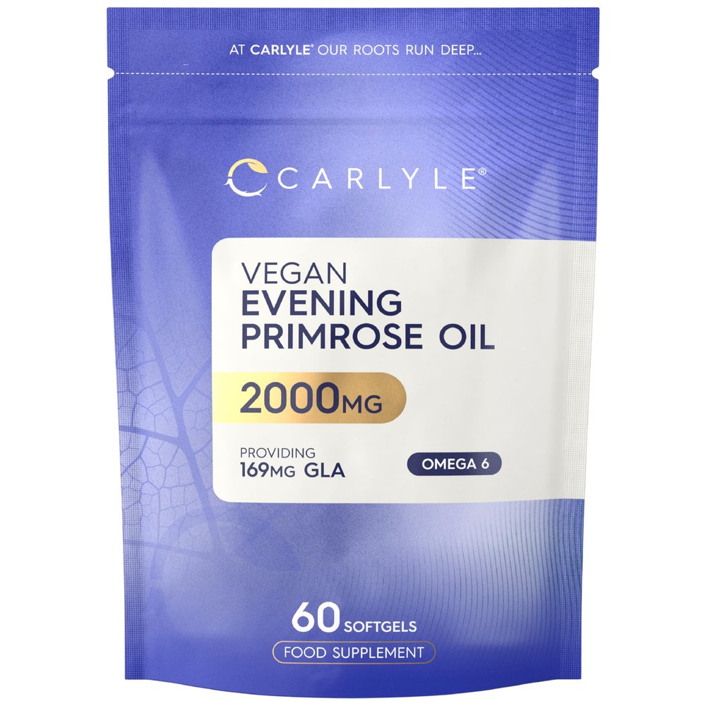 Vegan Evening Primrose Oil 2000mg with Vitamin B6 & E | Providing High Strength 180mg GLA (Omega-6) | 60 Vegan Softgels | by Carlyle