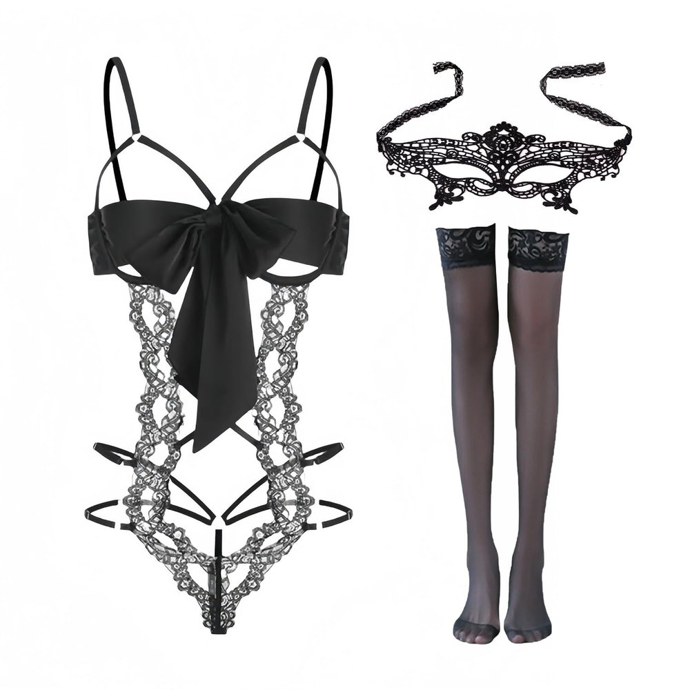 1 Piece Of Lace One-Piece, 1 Lace Eye Mask, 1 Pair Of Stockings, Women'S Fashion Underwear, Sexy Clothing, One-Piece Pajamas (Black).