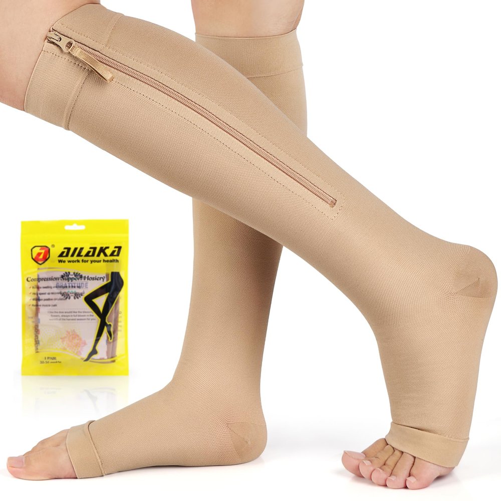 Ailaka Zipper Compression Socks 20-30mmHg, Easy On Off Support Socks for Men & Women, Open Toe Breathable Flight Socks for Travel, Nursing, Swollen Legs(Beige, 5XL)