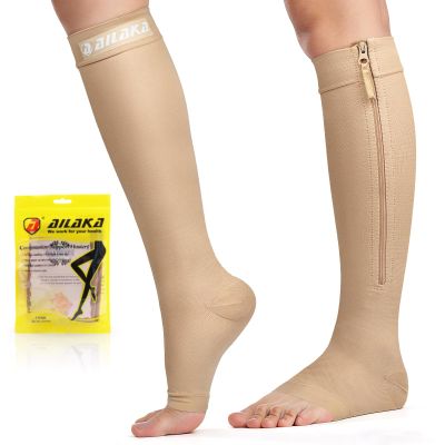 Ailaka Zipper Compression Socks 20-30mmHg, Easy On Off Support Socks for Men & Women, Open Toe Breathable Flight Socks for Travel, Nursing, Swollen Legs(Beige-Logo, M)