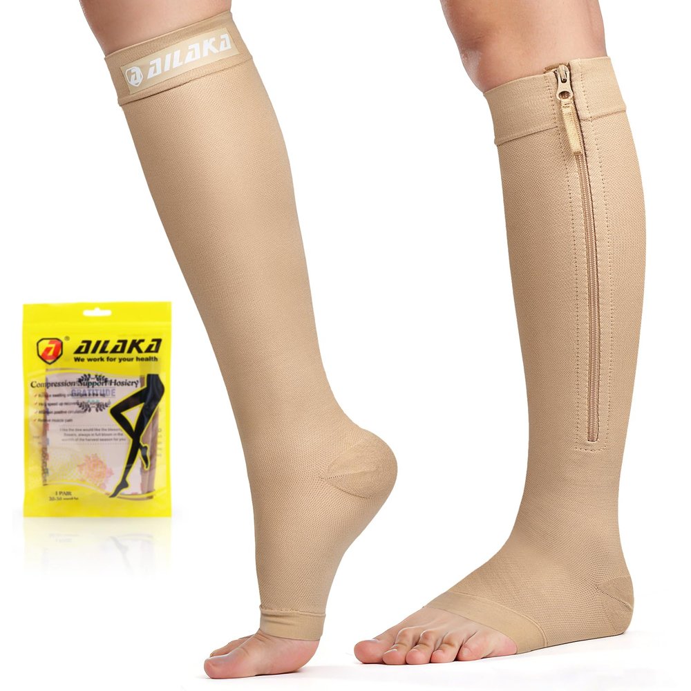 Ailaka Zipper Compression Socks 20-30mmHg, Easy On Off Support Socks for Men & Women, Open Toe Breathable Flight Socks for Travel, Nursing, Swollen Legs(Beige-Logo, M)