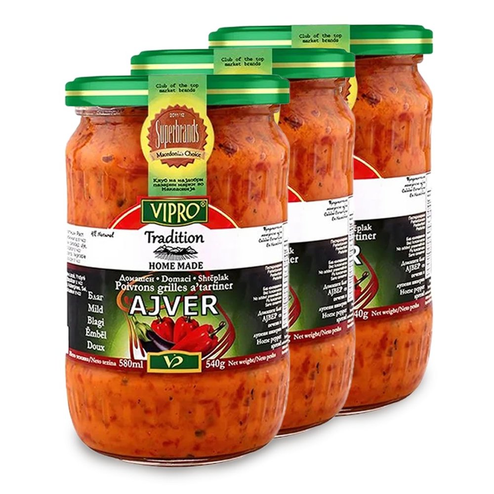 Africa Select Vipro Home Made Mild Ajvar 580ml Jars (Pack of 3) | Authentic Roasted Red Pepper Relish from the Balkans