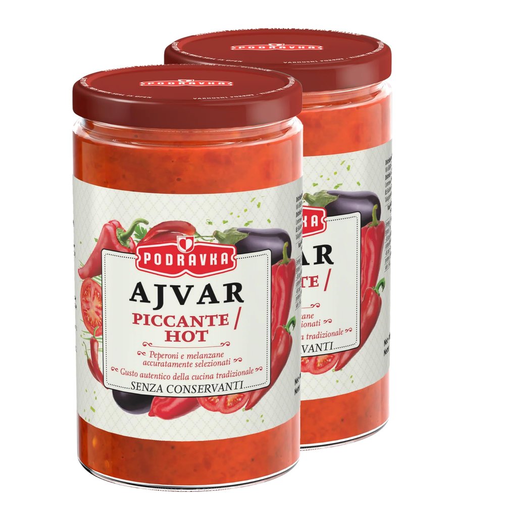 Africa Select Podravka Hot Ajvar Sauce 350g Sandwich Jar (Pack of 2) | Spicy Balkan Roasted Red Pepper Relish with Chili