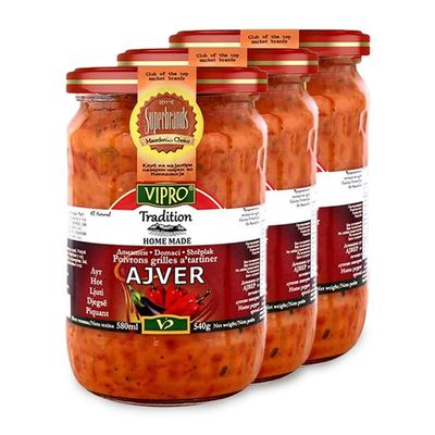 Africa Select Vipro Home Made Hot Ajvar 580ml Jars (Pack of 3) | Traditional Spicy Balkan Roasted Pepper Relish