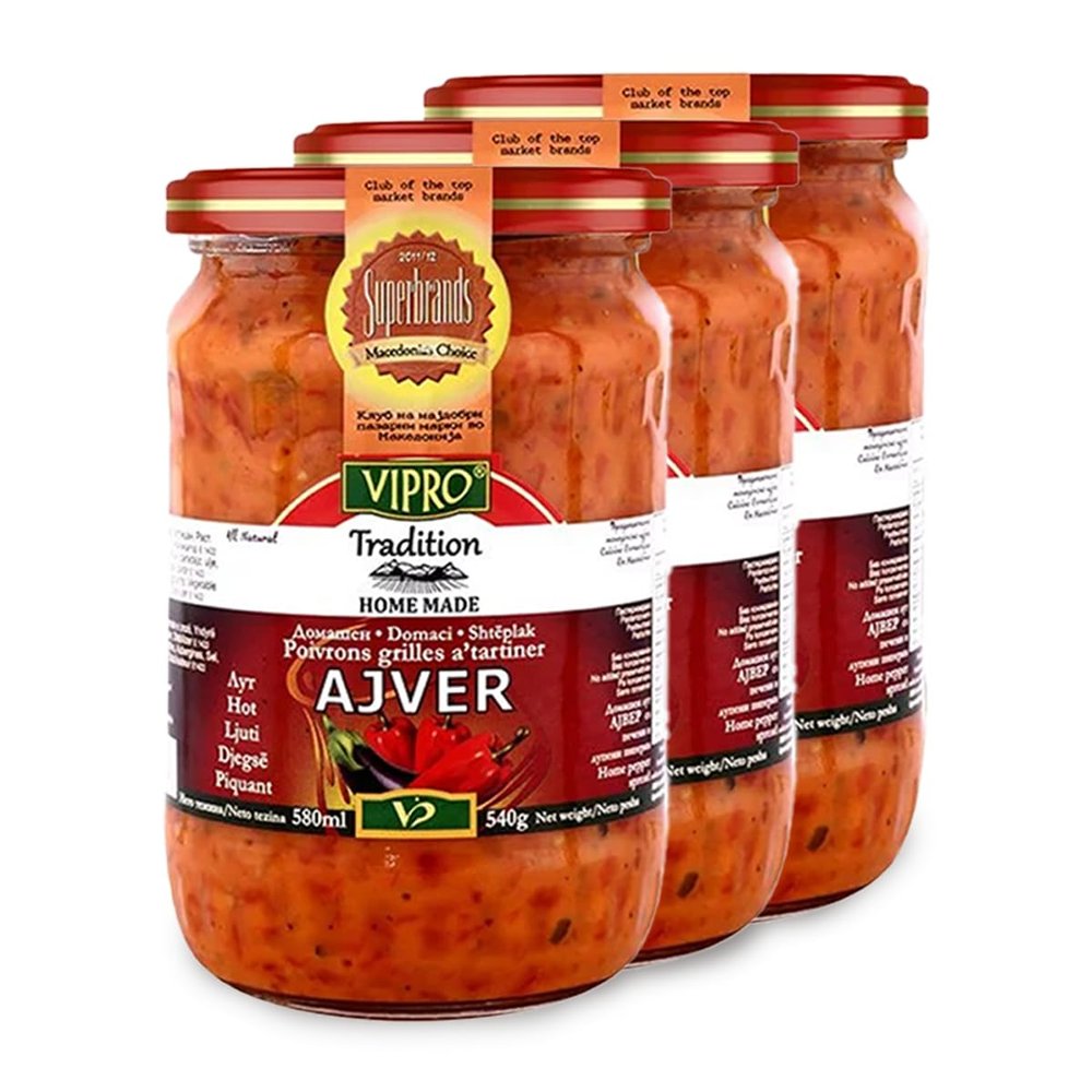Africa Select Vipro Home Made Hot Ajvar 580ml Jars (Pack of 3) | Traditional Spicy Balkan Roasted Pepper Relish