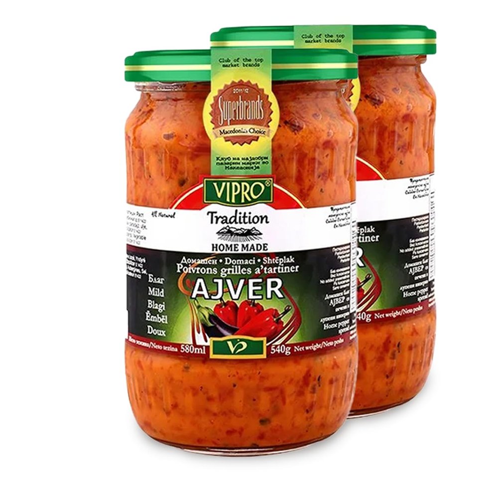 Africa Select Vipro Home Made Mild Ajvar Balkan Roasted Red Pepper Relish & Aubergine Dip, 580ml Jar (Pack of 2) | Authentic Vegetable Bread Spread