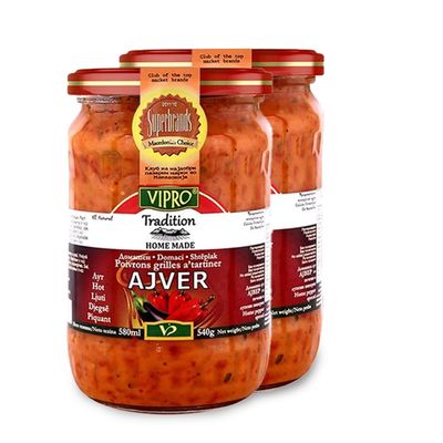 Africa Select Vipro Home Made Hot Ajvar 580ml Jars (Pack of 2) | Spicy Roasted Pepper Relish Balkan Style