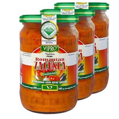 Africa Select Vipro Romanian Zacusca Ajvar Paste | Roasted Pepper & Eggplant Relish | Traditional Balkan Vegetable Spread Mezze Dip, 580ml (Pack of 3)