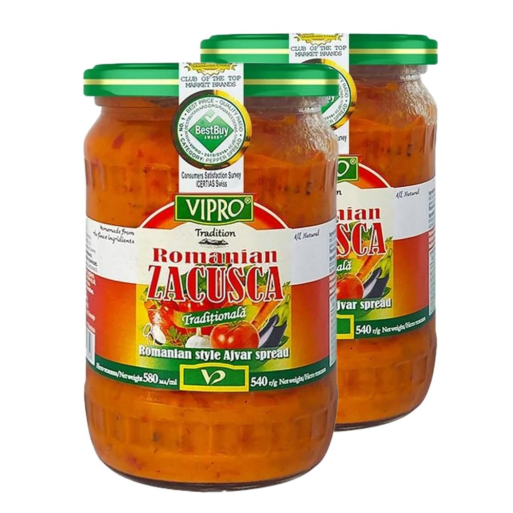 Africa Select Vipro Romanian Zacusca Ajvar Sauce | Roasted Pepper & Aubergine Dip | Balkan Vegetable Relish Paste, 580ml (Pack of 2)