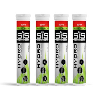 SiS Hydro Electrolyte Tablets - Effervescent Hydration - Virtually CalorieFree - InformedSport Certified - Dissolves in 500ml Water - 20 Tabs Per Tube (4 Tubes, 4 x Berry)