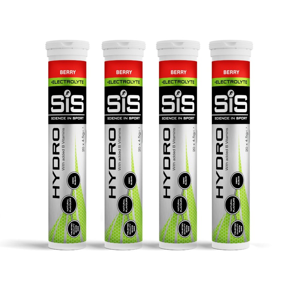 SiS Hydro Electrolyte Tablets - Effervescent Hydration - Virtually CalorieFree - InformedSport Certified - Dissolves in 500ml Water - 20 Tabs Per Tube (4 Tubes, 4 x Berry)