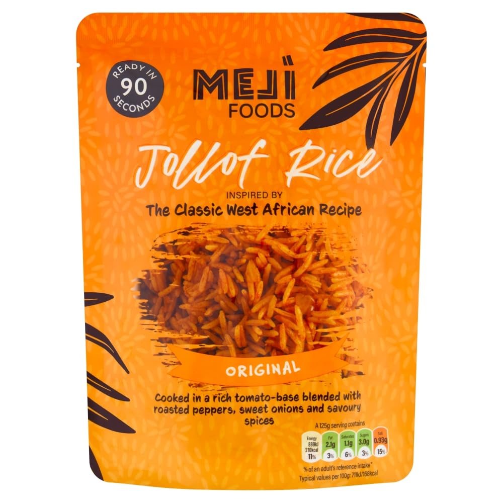 MEJI Foods Jollof Rice Instant Microwave Rice Ready in 90 Seconds Box of 8 x 250g Authentic West African Recipe Vegetarian friendly