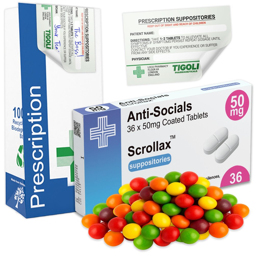 Anti-Socials Media Funny Prescription Box Gift with Skittles Novelty Gag Gift Set with Pill Box, Free Bag, Sticker & 36g Skittles Sweets Joke Present for Birthdays, Friends, Office & Secret Santa