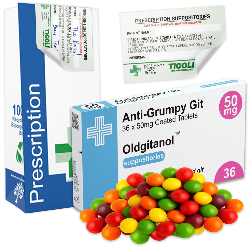 Anti-Grumpy Old Git Funny Prescription Box Gift with Skittles Novelty Gag Gift Set with Pill Box, Free Bag, Sticker & 36g Skittles Sweets Joke Present for Birthdays, Friends, Office & Secret Santa