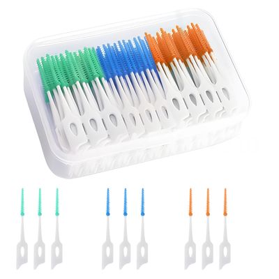 CATMEYE 210 Pcs Silicone Interdental Brushes Dental Toothpicks, DualHead Soft Gum Teeth Floss Sticks, Floss Picks, Oral Cleaning Tool with Portable Case, 3 Colours (Blue Green Orange)