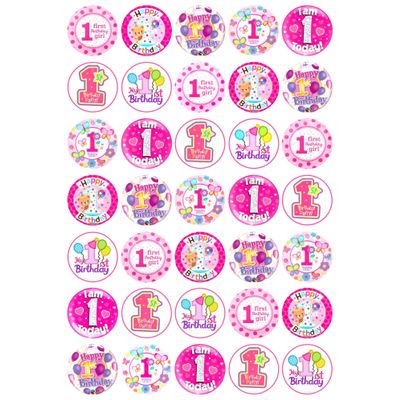 1st Birthday PINK Mix - Edible Cupcake Toppers - Wafer or Icing - First Birthday Party Themed Celebration Cake Decorations for Cupcakes, Cookies, Brownies, Muffins & More!