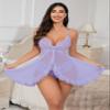 Foxiny Sexy Open Front Ruffle Sheer Mesh Lace Wireless Babydoll Lingerie Dress with Thong 2 Piece, Light Purple, XL view 3