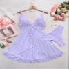 Foxiny Sexy Open Front Ruffle Sheer Mesh Lace Wireless Babydoll Lingerie Dress with Thong 2 Piece, Light Purple, XL view 4