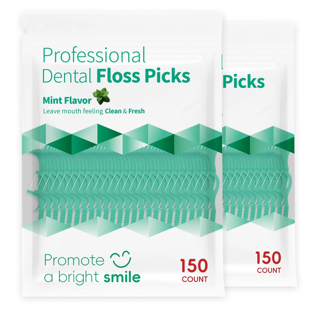300 Count Mint Flavor Dental Floss Picks, Shred-Resistant Floss Stick for Deep Cleaning Tight Teeth, Flavoured Toothpicks for Daily Oral Care, Sealed Bag Moisture-Proof Package(2 Pack of 150 Count)