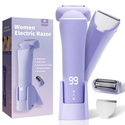 2-in-1 Women Electric Shaver - Double Blades Waterproof Bikini Trimmer - Wet & Dry Rechargeable Electric Razors for Women with LED Display for Legs, Bikini Line