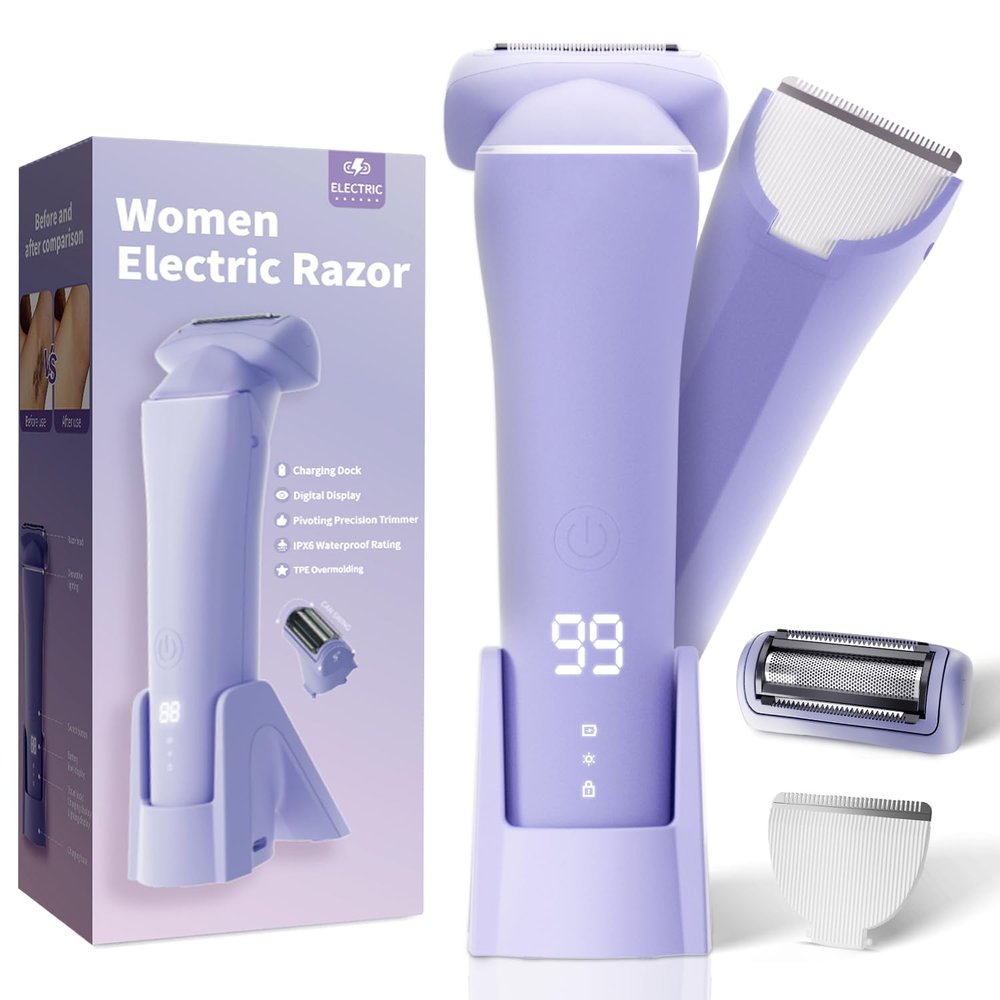 2-in-1 Women Electric Shaver - Double Blades Waterproof Bikini Trimmer - Wet & Dry Rechargeable Electric Razors for Women with LED Display for Legs, Bikini Line