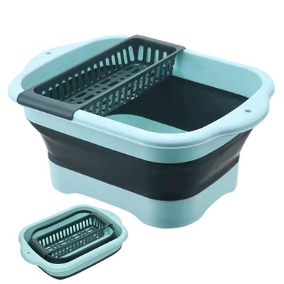 Collapsible Dish Basin with Drain Plug & Drain Basket Large Collapsible Sink Portable Multi-Functional Vegetable Washing Basket for Home Kitchen, Green