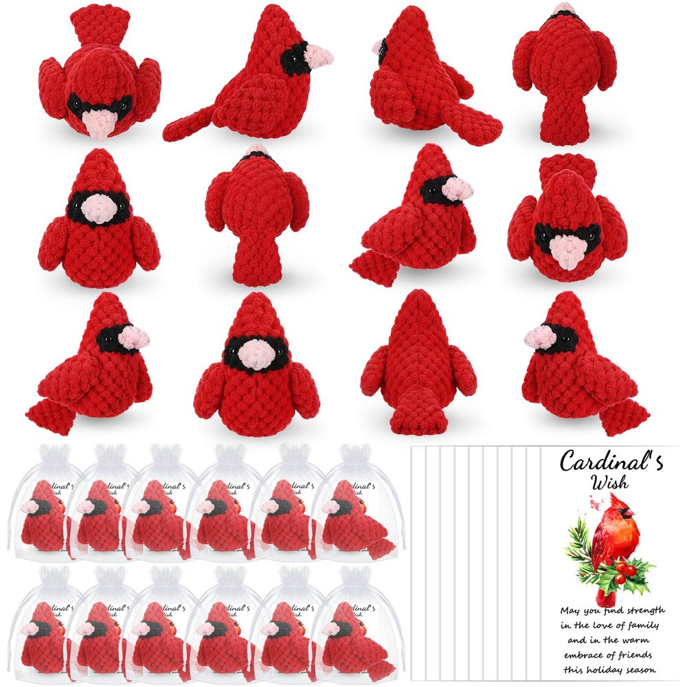Jerify 12 Set Crochet Cardinal Gifts 4 Inch, Knitted Red Bird Gifts with Greeting Card Organza Bag for Christmas Stocking Stuffer Party Favor Coworker Employee Team Appreciation Volunteer