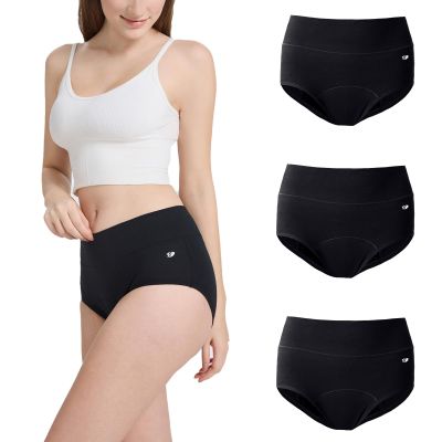 ENCODD Washable Period Underwear for Women, Reusable Period Pants Leakproof Menstrual Pants High Waist Postpartum Underwear Cotton Menstrual Knickers, 3Pack M Black